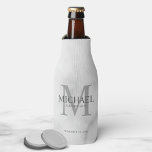 Classy White Marble Personalized Groomsmen Bottle Cooler<br><div class="desc">Add a personal touch to your wedding with personalized groomsmen bottle cooler. This bottle cooler features personalized groomsman's name with title and wedding date in grey and monogram in light grey as background, in classic serif font style, on white marble background. Also perfect for best man, father of the bride,...</div>