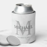 Classy White Marble Personalized Groomsmen Can Cooler<br><div class="desc">Add a personal touch to your wedding with personalized groomsmen can cooler. This can cooler features personalized groomsman's name with title and wedding date in grey and monogram in light grey as background, in classic serif font style, on white marble background. Also perfect for best man, father of the bride,...</div>