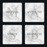 Classy White Marble Personalized Groomsmen Coaster Set<br><div class="desc">Add a personal touch to your wedding with personalized groomsmen coaster set. This coaster set features personalized groomsman's name with title and wedding date in grey and monogram in light grey as background, in classic serif font style, on white marble background. Also perfect for best man, father of the bride,...</div>