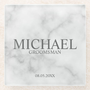 Classy White Marble Personalized Groomsmen Glass Coaster