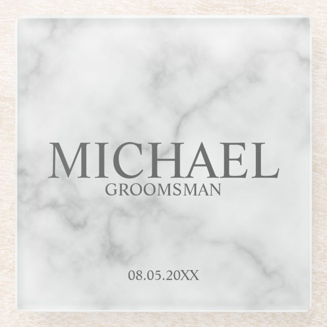 Classy White Marble Personalized Groomsmen Glass Coaster (Front)