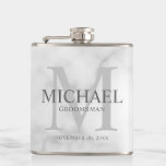 Classy White Marble Personalized Groomsmen Hip Flask<br><div class="desc">Add a personal touch to your wedding with personalized groomsmen flask. This flask features personalized groomsman's name with title and wedding date in grey and monogram in light grey as background, in classic serif font style, on white marble background. Also perfect for best man, father of the bride and more....</div>