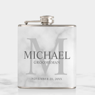 Classy White Marble Personalized Groomsmen Hip Flask