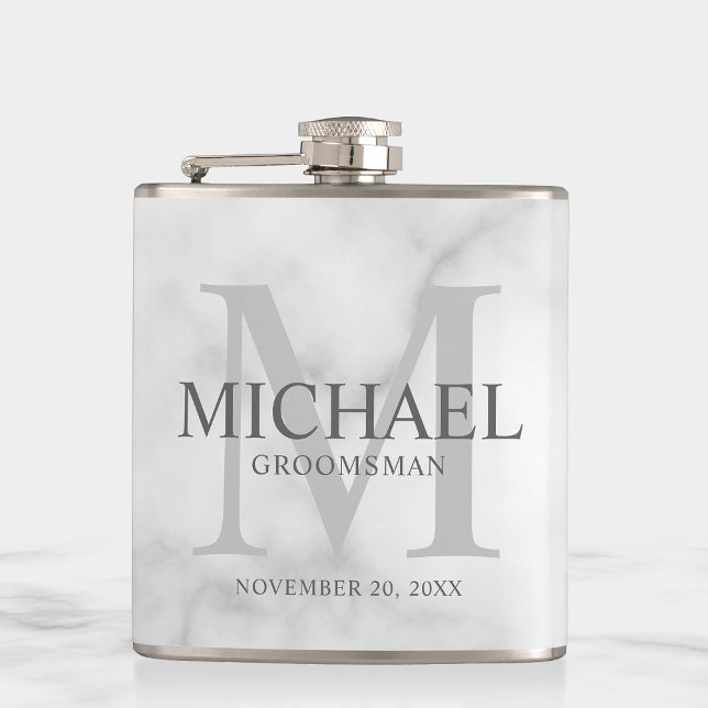 Classy White Marble Personalized Groomsmen Hip Flask (Creator Uploaded)