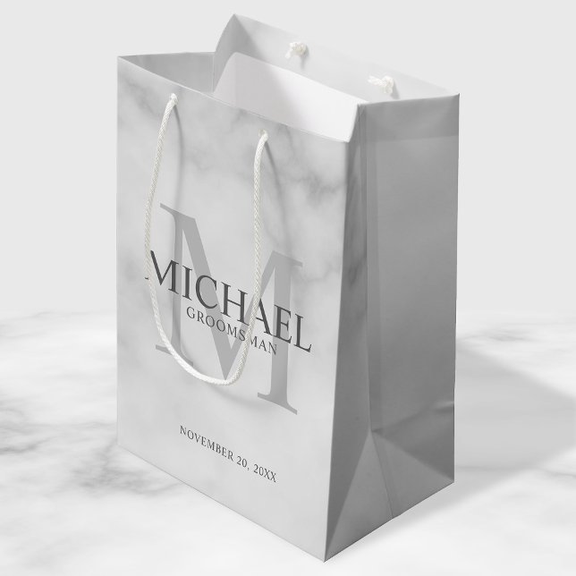 Classy White Marble Personalized Groomsmen Medium Gift Bag (Creator Uploaded)