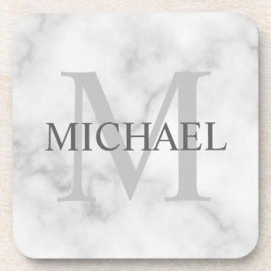 Classy White Marble Personalized Monogram and Name Coaster