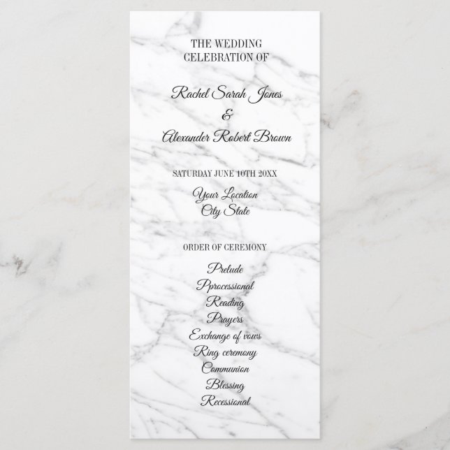 Classy white marble stone wedding ceremony program (Front)
