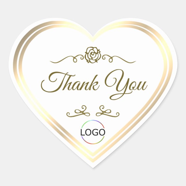 Classy White with Gold Frame and Logo Thank You Heart Sticker (Front)