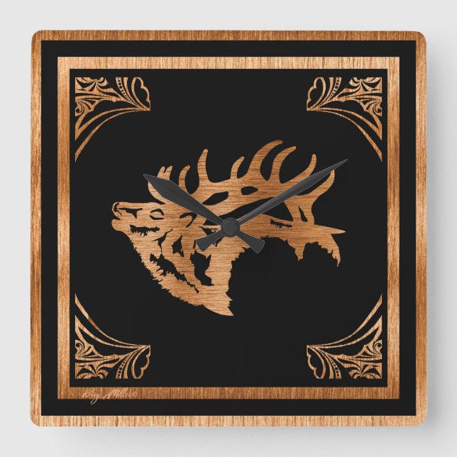 CLASSY WOOD ELK SILHOUETTE SQUARE WALL CLOCK (Front)