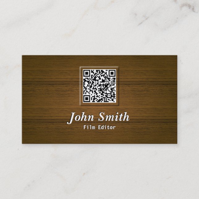 Classy Wood QR Code Film Editor Business Card (Front)