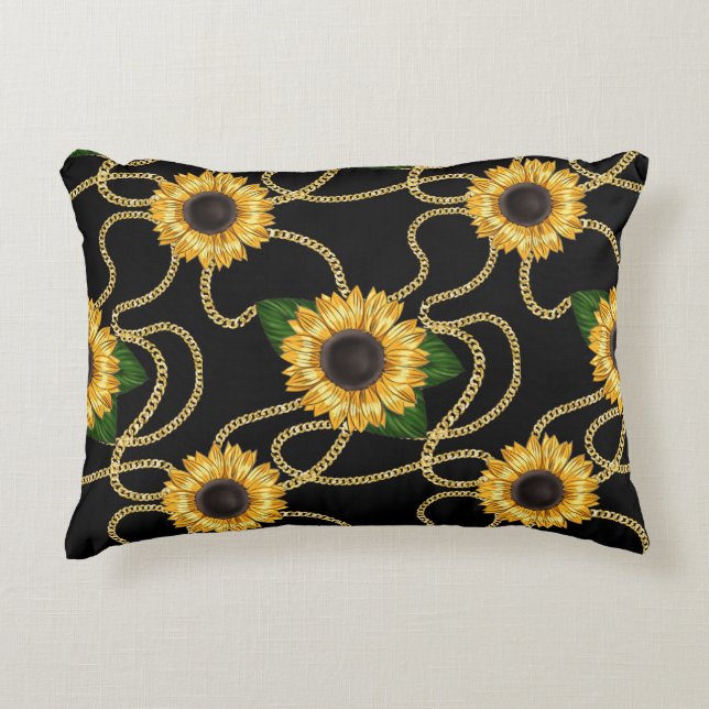 Classy Yellow Sunflowers Stylish Pattern on Black Accent Pillow (Front)