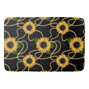 Classy Yellow Sunflowers Stylish Pattern on Black Bath Mat
