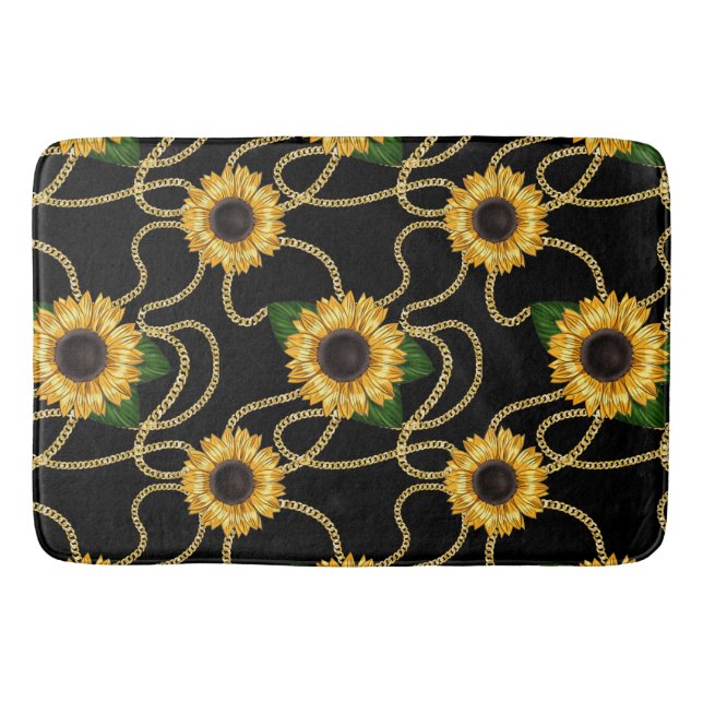 Classy Yellow Sunflowers Stylish Pattern on Black Bath Mat (Front)