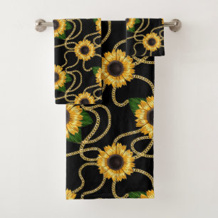 Classy Yellow Sunflowers Stylish Pattern on Black Bath Towel Set