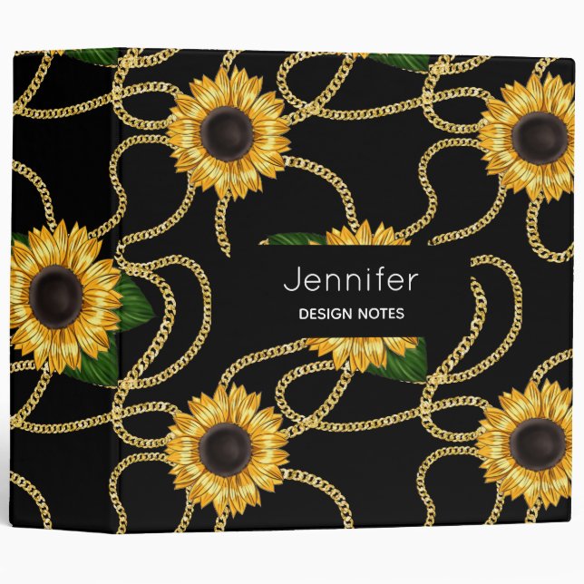 Classy Yellow Sunflowers Stylish Pattern on Black Binder (Front/Spine)