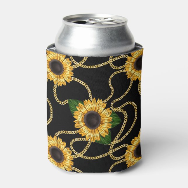 Classy Yellow Sunflowers Stylish Pattern on Black Can Cooler (Can Front)