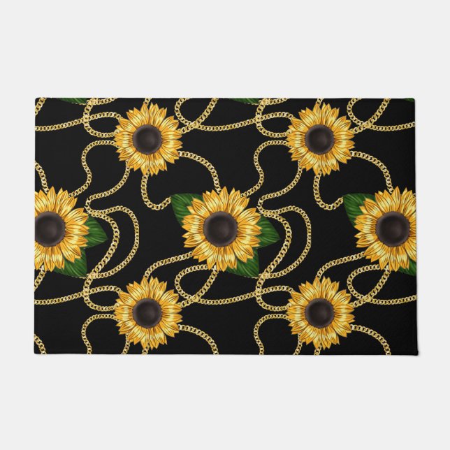 Classy Yellow Sunflowers Stylish Pattern on Black Doormat (Front)