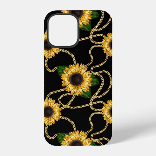Classy Yellow Sunflowers Stylish Pattern on Black iPhone Case (Back)