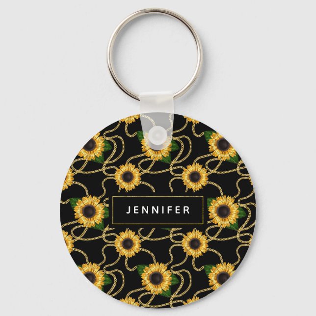 Classy Yellow Sunflowers Stylish Pattern on Black Keychain (Front)