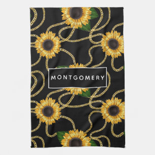 Classy Yellow Sunflowers Stylish Pattern on Black Kitchen Towel