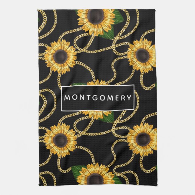 Classy Yellow Sunflowers Stylish Pattern on Black Kitchen Towel (Vertical)