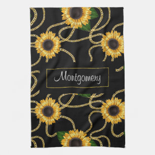 Classy Yellow Sunflowers Stylish Pattern on Black Kitchen Towel