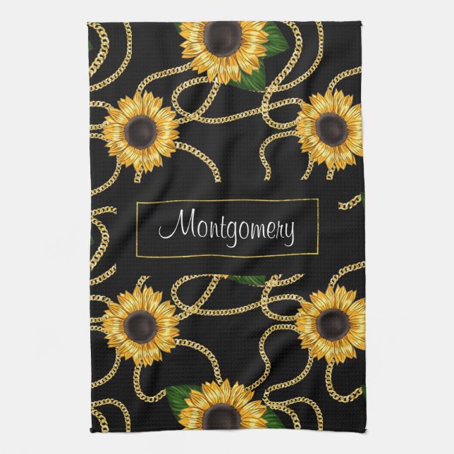 Classy Yellow Sunflowers Stylish Pattern on Black Kitchen Towel (Vertical)
