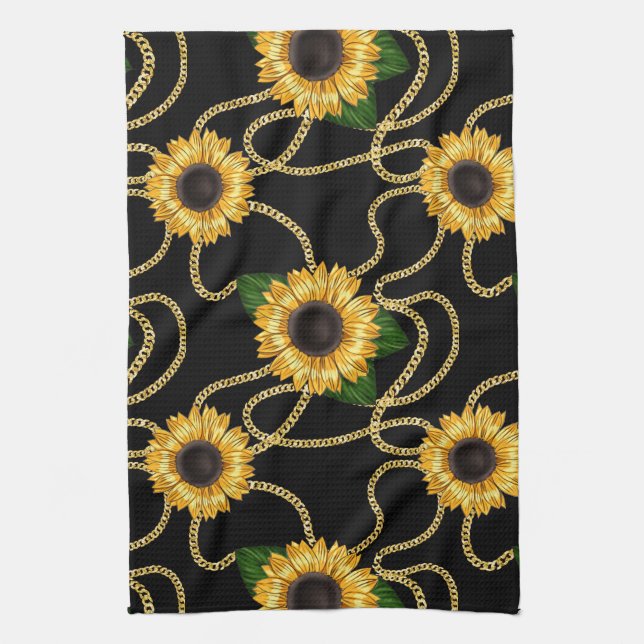 Classy Yellow Sunflowers Stylish Pattern on Black Kitchen Towel (Vertical)