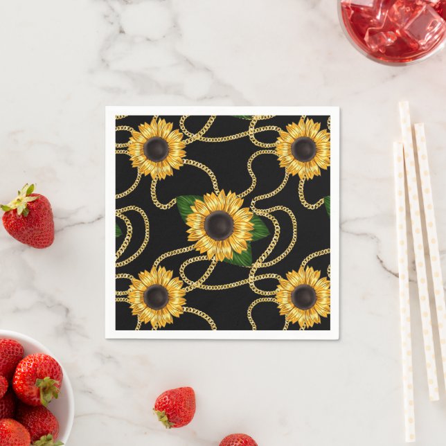 Classy Yellow Sunflowers Stylish Pattern on Black Napkin (Insitu)