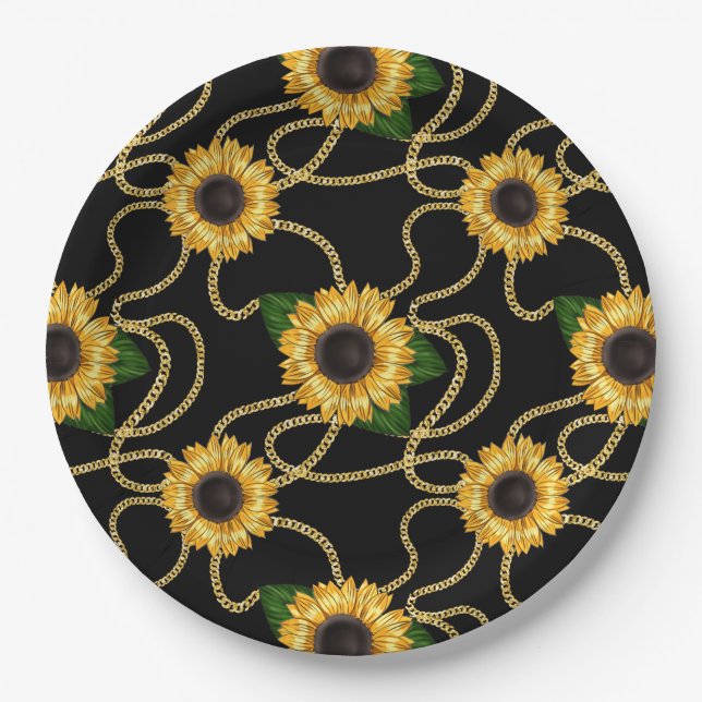 Classy Yellow Sunflowers Stylish Pattern on Black Paper Plate (Front)