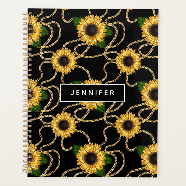 Classy Yellow Sunflowers Stylish Pattern on Black Planner (Front)