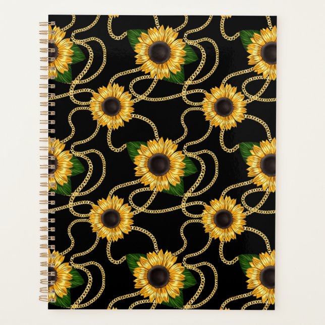 Classy Yellow Sunflowers Stylish Pattern on Black Planner (Front)