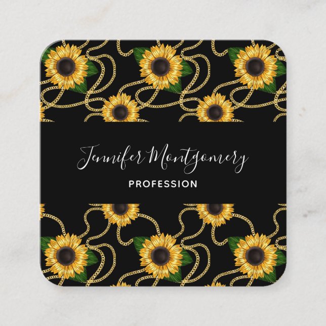 Classy Yellow Sunflowers Stylish Pattern on Black Square Business Card (Front)
