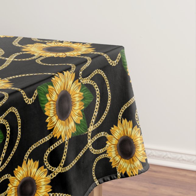 Classy Yellow Sunflowers Stylish Pattern on Black Tablecloth (In Situ)