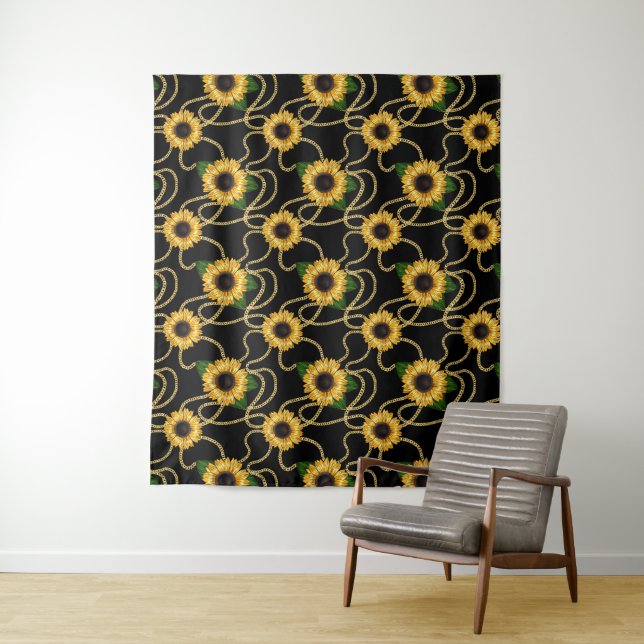 Classy Yellow Sunflowers Stylish Pattern on Black Tapestry (In Situ)