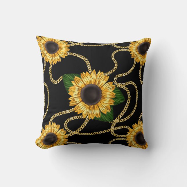 Classy Yellow Sunflowers Stylish Pattern on Black Throw Pillow (Front)