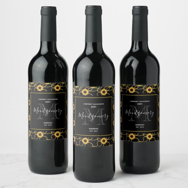 Classy Yellow Sunflowers Stylish Pattern on Black Wine Label (Bottles)
