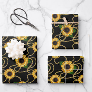 Classy Yellow Sunflowers Stylish Pattern on Black Wrapping Paper Sheet