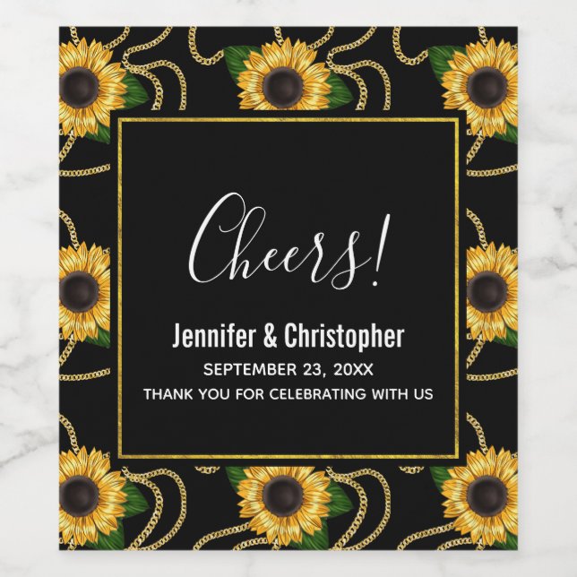 Classy Yellow Sunflowers Stylish Pattern Wedding Wine Label (Single Label)