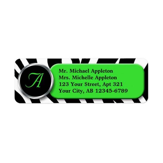 Classy Zebra Print Lime Monogram Étiquettes de adr (Devant)