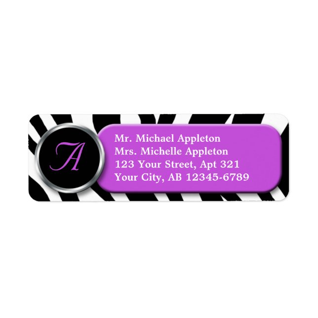 Classy Zebra Print Purple Monogram Address Labels (Front)