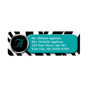 Classy Zebra Print Teal Monogram Address Labels