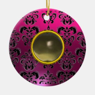 CLASSYBLACK  PINK PURPLE FUCHSIA DAMASK GEM CERAMIC ORNAMENT