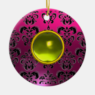 CLASSYBLACK  PINK PURPLE FUCHSIA DAMASK GEM CERAMIC ORNAMENT