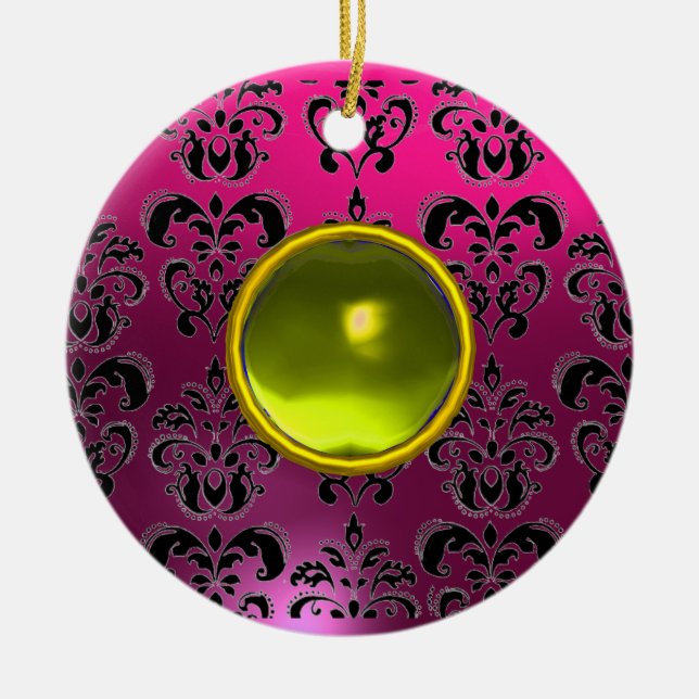 CLASSYBLACK  PINK PURPLE FUCHSIA DAMASK GEM CERAMIC ORNAMENT (Front)