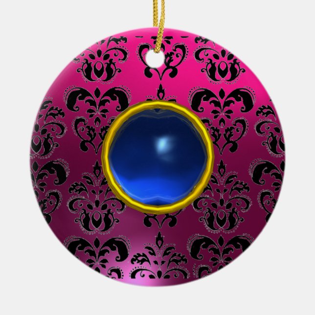 CLASSYBLACK  PINK PURPLE FUCHSIA DAMASK GEM CERAMIC ORNAMENT (Front)