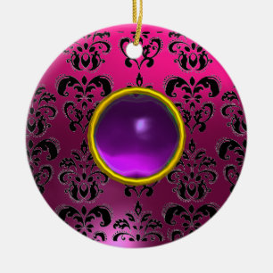 CLASSYBLACK  PINK PURPLE FUCHSIA DAMASK GEM CERAMIC ORNAMENT