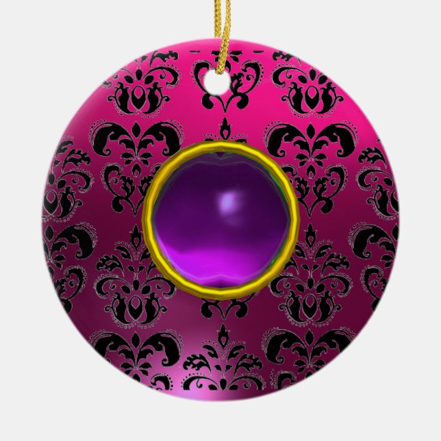 CLASSYBLACK  PINK PURPLE FUCHSIA DAMASK GEM CERAMIC ORNAMENT (Front)