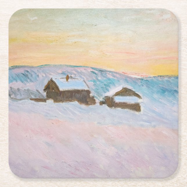 Claude Monet - Norway Landscape, Blue Houses Square Paper Coaster (Front)
