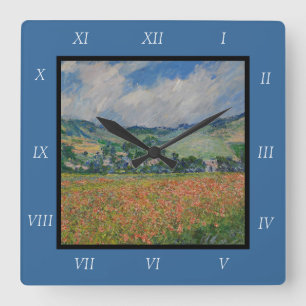 Claude Monet Painting, Poppy Field at Giverny Square Wall Clock
